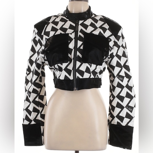NWT Kate Hewko Blake & White Checkered Cropped Bomber Jacket Back Cutout size L - Picture 1 of 4